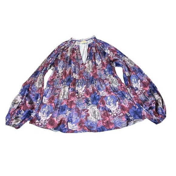 Elie Tahari Floral Pleated V-Neck Blouson Sleeve Peasant Blouse Women Size Large - Picture 5 of 9